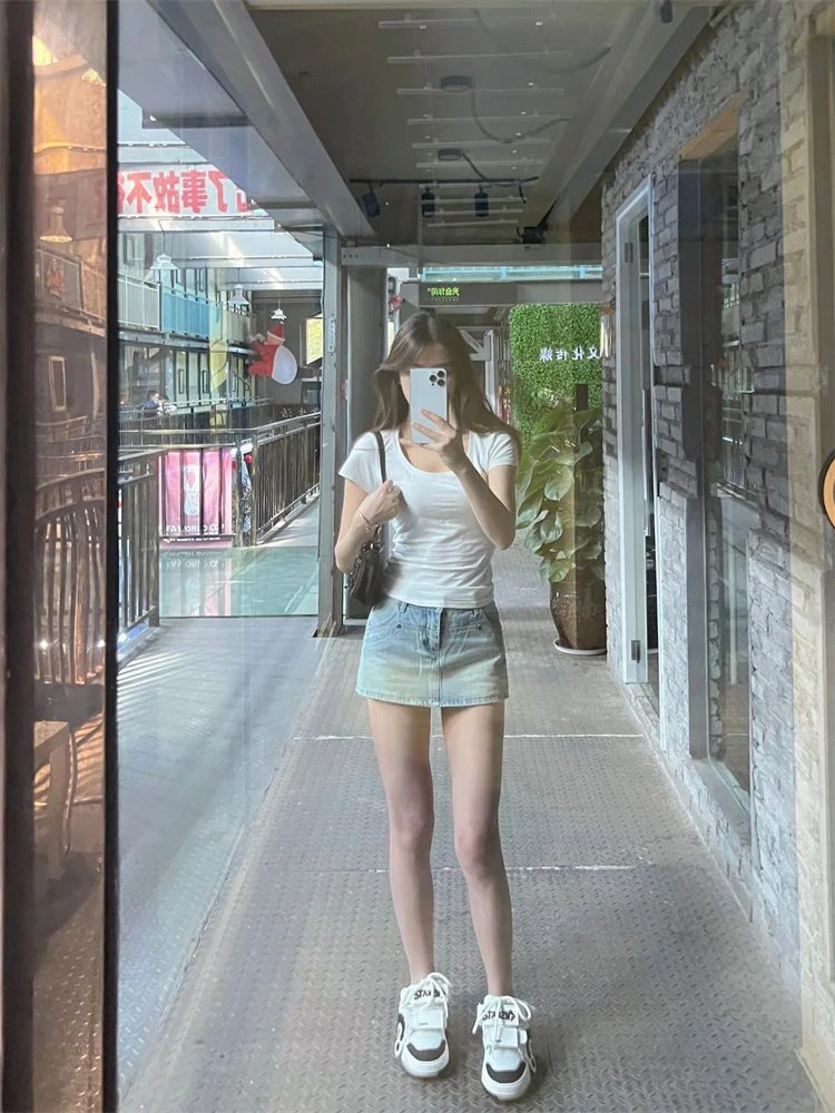 Jupe trapèze taille haute pour femmes, jupe en jean, moulante, coréenne, pour les déplacements, couleur Pure, grande taille