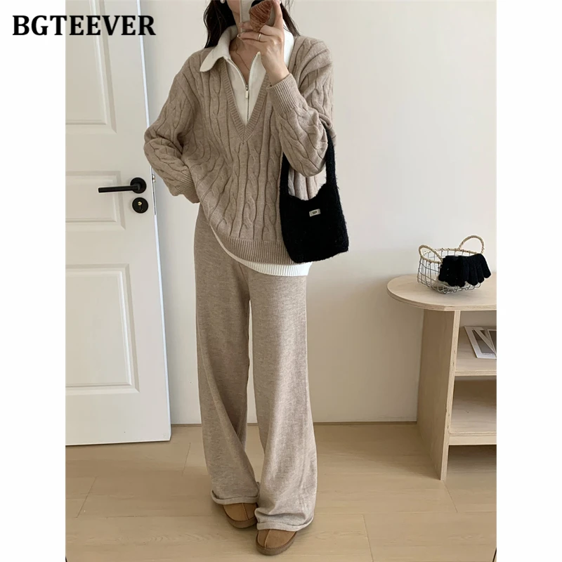 BGTEEVER Autumn Winter Warm Loose Women Knitted 2 Pieces Set Long Sleeve Patchwork Sweaters & Wide Leg Pants Female Tracksuits