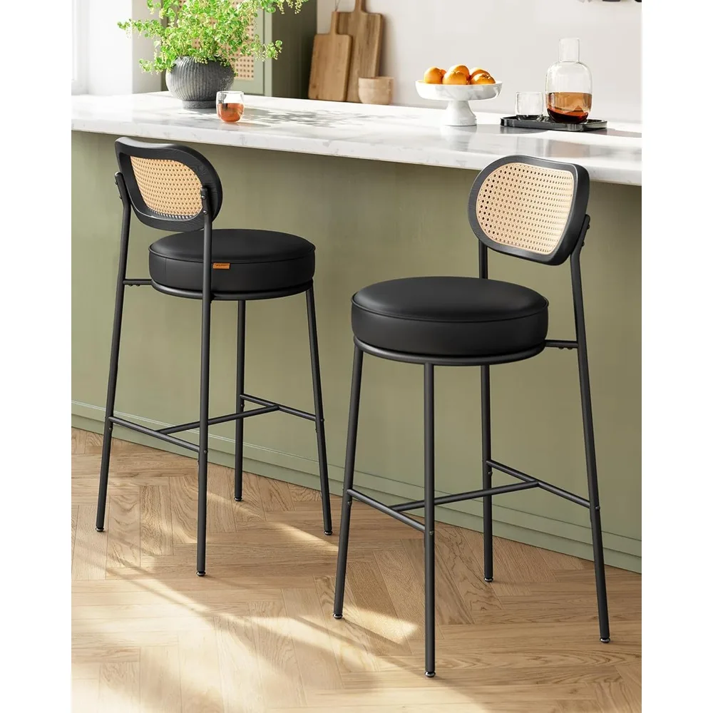 

Bar Stools Set of 2, Bar Height Bar Stool with PE Rattan Back, Synthetic Leather Upholstered Stools for Kitchen Island D