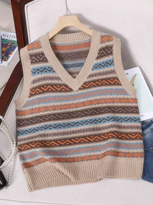 

Ретро-жилет из шерсти с V-образным вырезом, в полоску, для женщин, осенне-зимняя новинка, теплый, прочный, модный