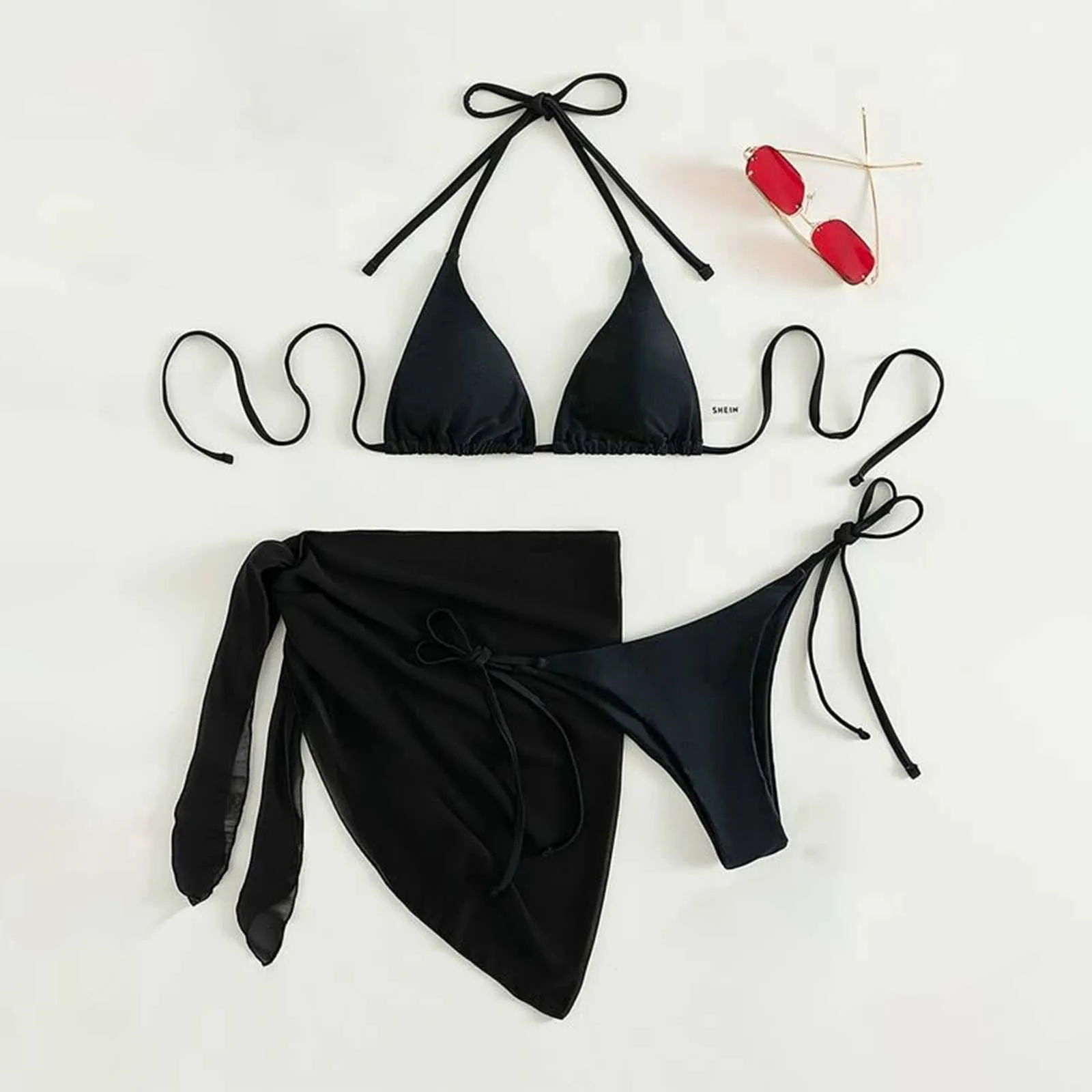 Women'S Solid Halter Backless Bikinis Set Sexy Triangle Cup Lace Up Bikini Top With Bottoms Swimsuit Cover Up 3 Piece Swimsuit