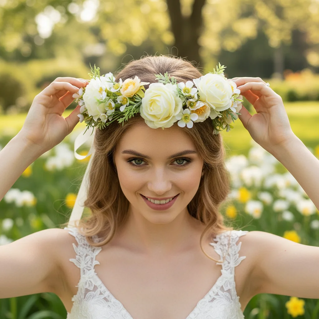 

Artificial Flower Braided Wreath Bride Women Flower Crown Hair Band Wedding Floral Headband Garland Ribbon Girl Hair Accessories