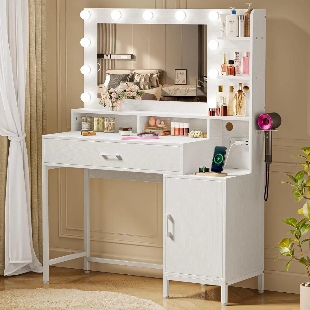 

Vanity Desk with Mirror and Lights, Makeup Vanity with Storage Drawer, Power Outlet and Large Cabinet for Bedroom - White