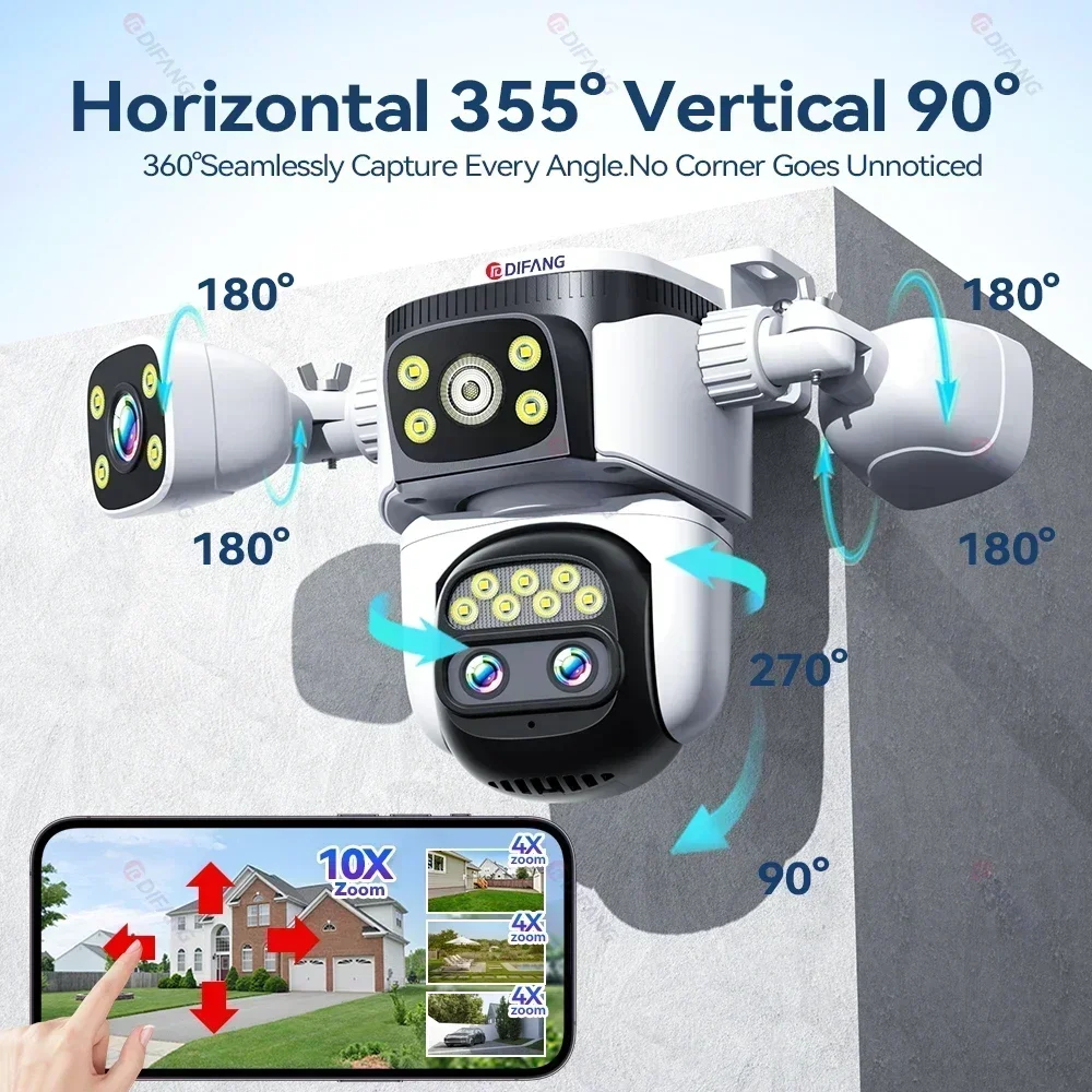 Outdoor 10K WiFi6 Camera 20MP 10X Optics Zoom Four Screen Four Lens PTZ Automatic Tracking 6K Dual Lens Waterproof Security CCTV