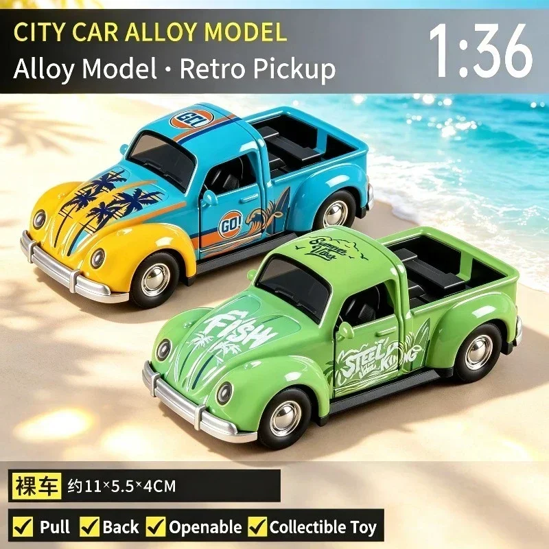 1:36 Vintage Retro Pickup Truck Alloy Car Model, Diecast Pull Back Replica, Openable Doors & Delicate Body Details, Classic Old