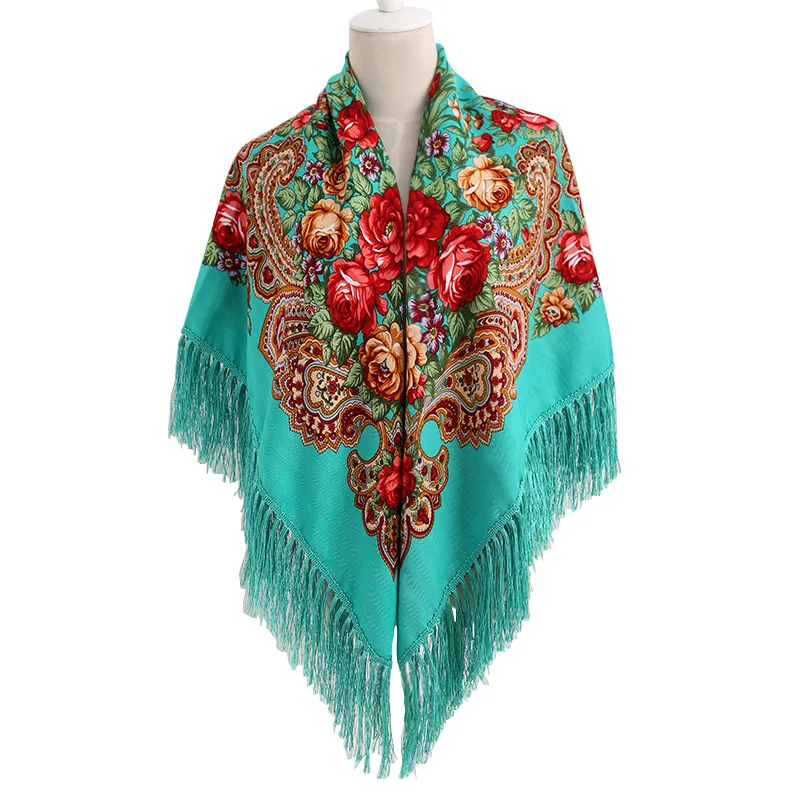 Women Russian Style Peony Floral Printed Long Tassel Large Square Scarf Warm Cotton Wrap Traditional Ethnic Mexican Shawl