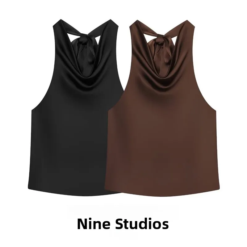 NINE ZAR Women's Sleeveless Fashion Satin Feel Hanging Neck Knot Vest Top Pure Color Loose Fit Short Length Outerwear