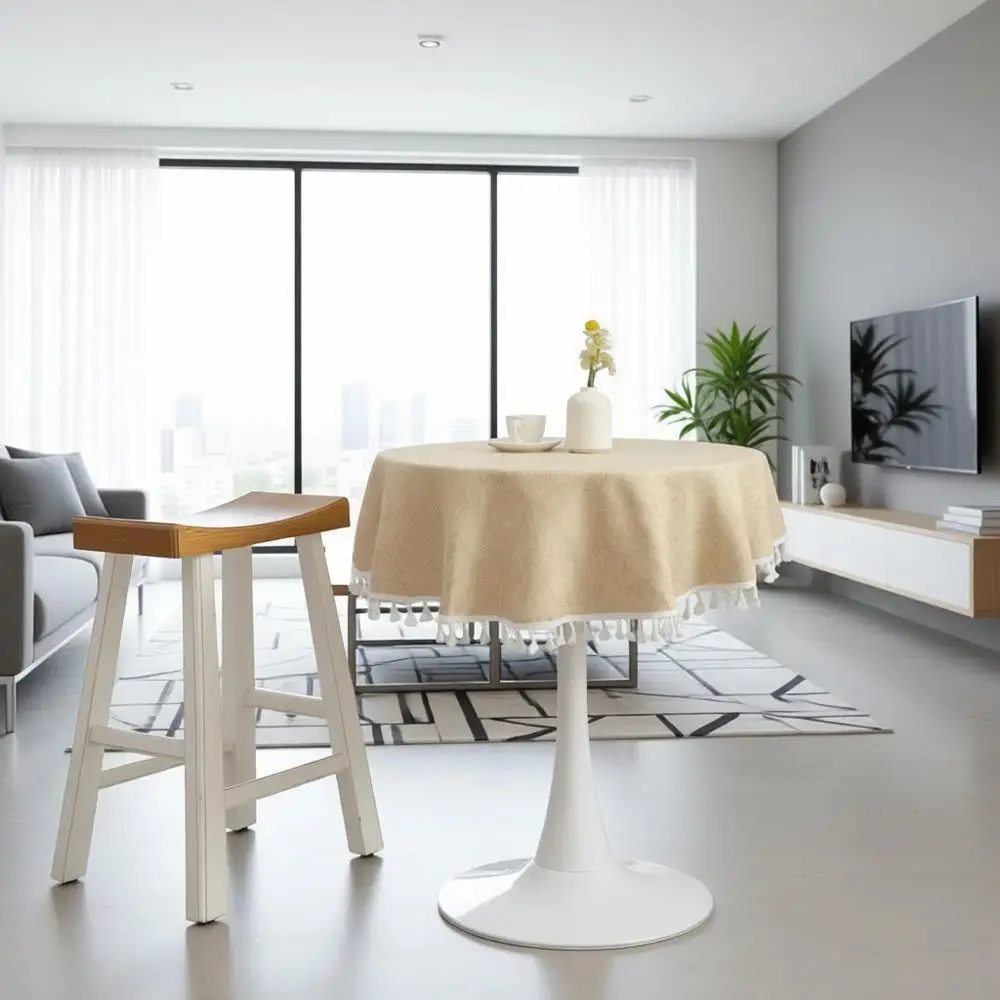 

Rustic Beige Burlap Tablecloth with Tassels, Heavy-Weight, Washable, 48 Inch, Ideal for Home, Kitchen, Cafe, Restaurant