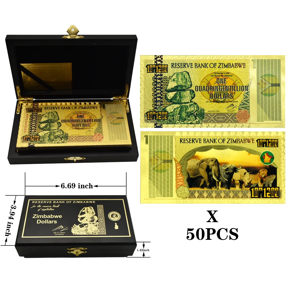 

50pcs/box Zimbabwe One Quadringentillion Dollars Gold Color Foil Banknotes With UV light In Wooden box Collectible Souvenir Gift