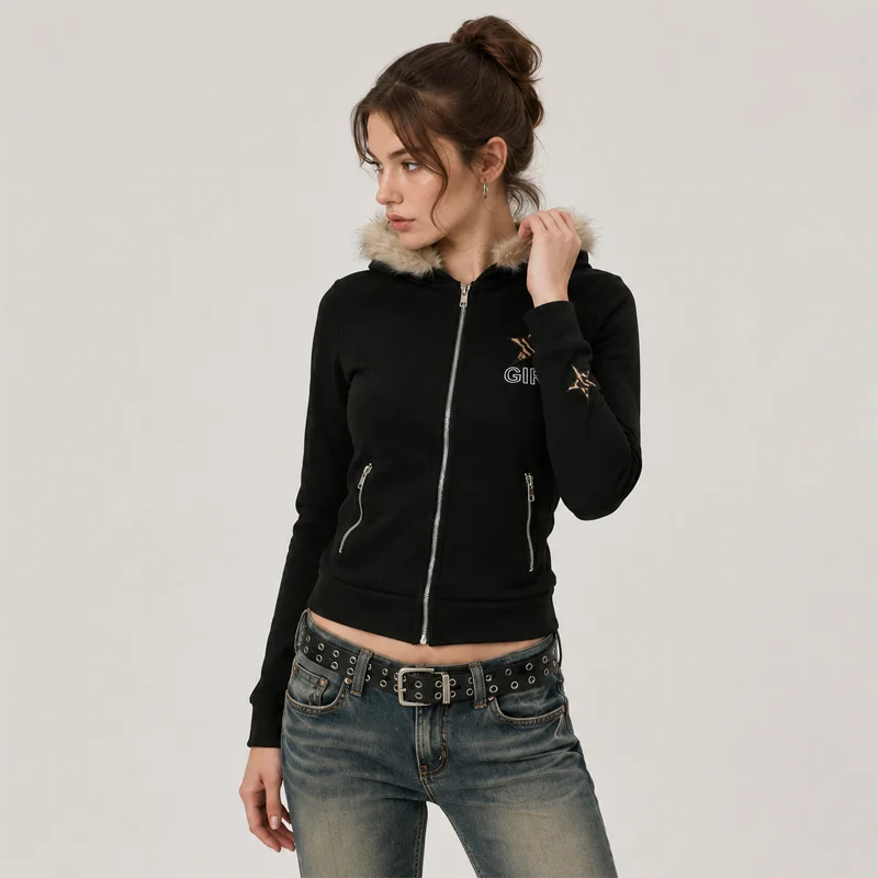 Women Slim Fit Zip Hoodie Faux Fur Collar Sweatshirt Y2K Fashion Streetwear Casual Long Sleeve Hooded Jacket - view 4