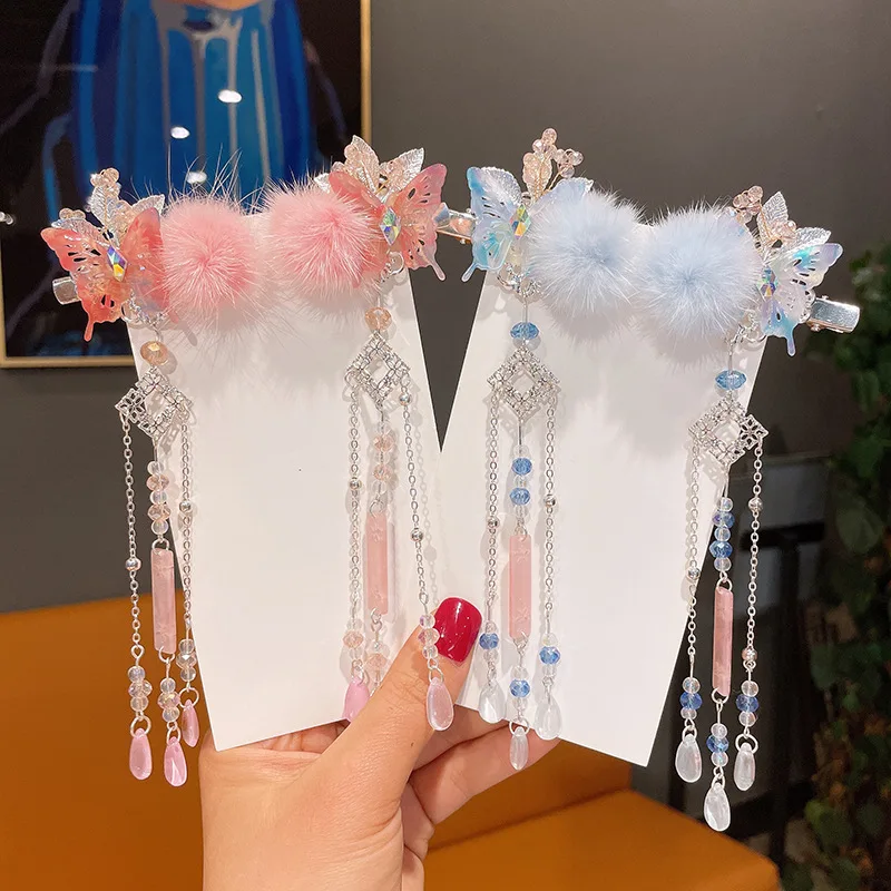 1 para Hanfu Cosplay motyl spinki kobiety dziewczyna Kid pluszowy kwiatowy frędzel spinka do włosów spinka do włosów akcesoria klips Barrettes Hairgrip