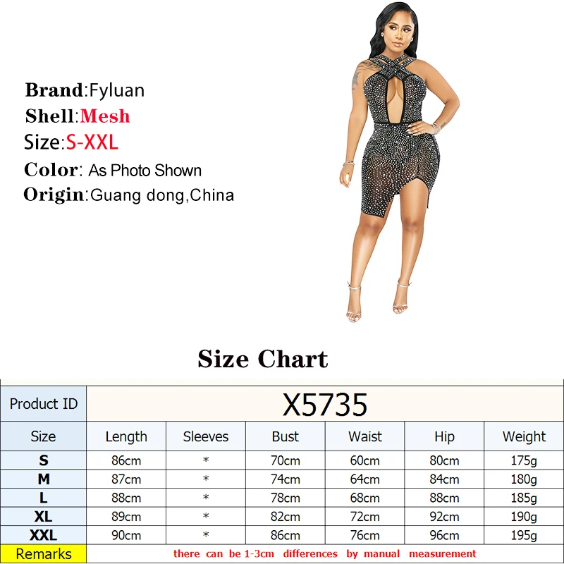 Splendido abito da festa corto da donna in rete trasparente scintillante estiva Temperamento sexy Sottile e sottile Cut-Out Crystal Party Night Clubwear