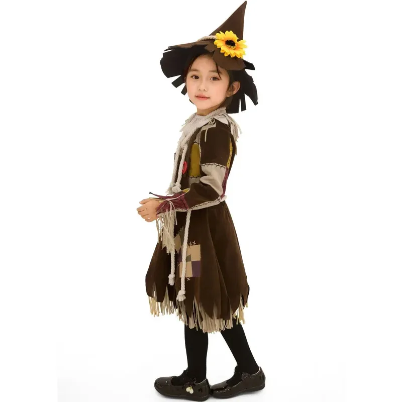 Costumi di Halloween per ragazze Cosplay Costume da spaventapasseri per bambini Abito con toppe di zucca Abito da festa per spettacoli teatrali per bambini