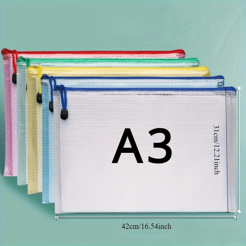 3Pcs A3 PVC Mesh Zipper File Bag,Transparent Large Capacity Art Drawing Storage Pouch,Colored Mesh Design,Random Color Office Do view 2