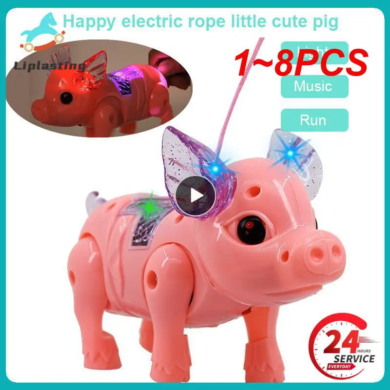 

1~8PCS Electric Pulling Rope Pig Batteries Powered Luminous Music Walking Pig Toy Pets Interactive Toys With Light For Children