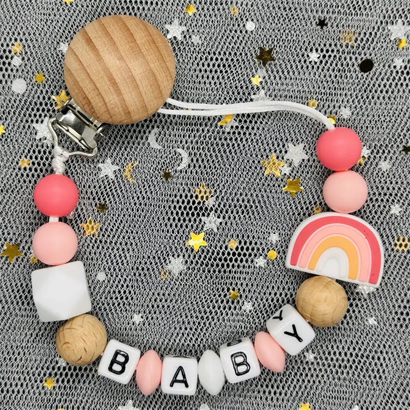 Free Handmade Custom Name Baby Pacifier Clip Chain Silicone Beads Teether Teething Toys Dummy Holder Pacifier Chain Newborn Gift