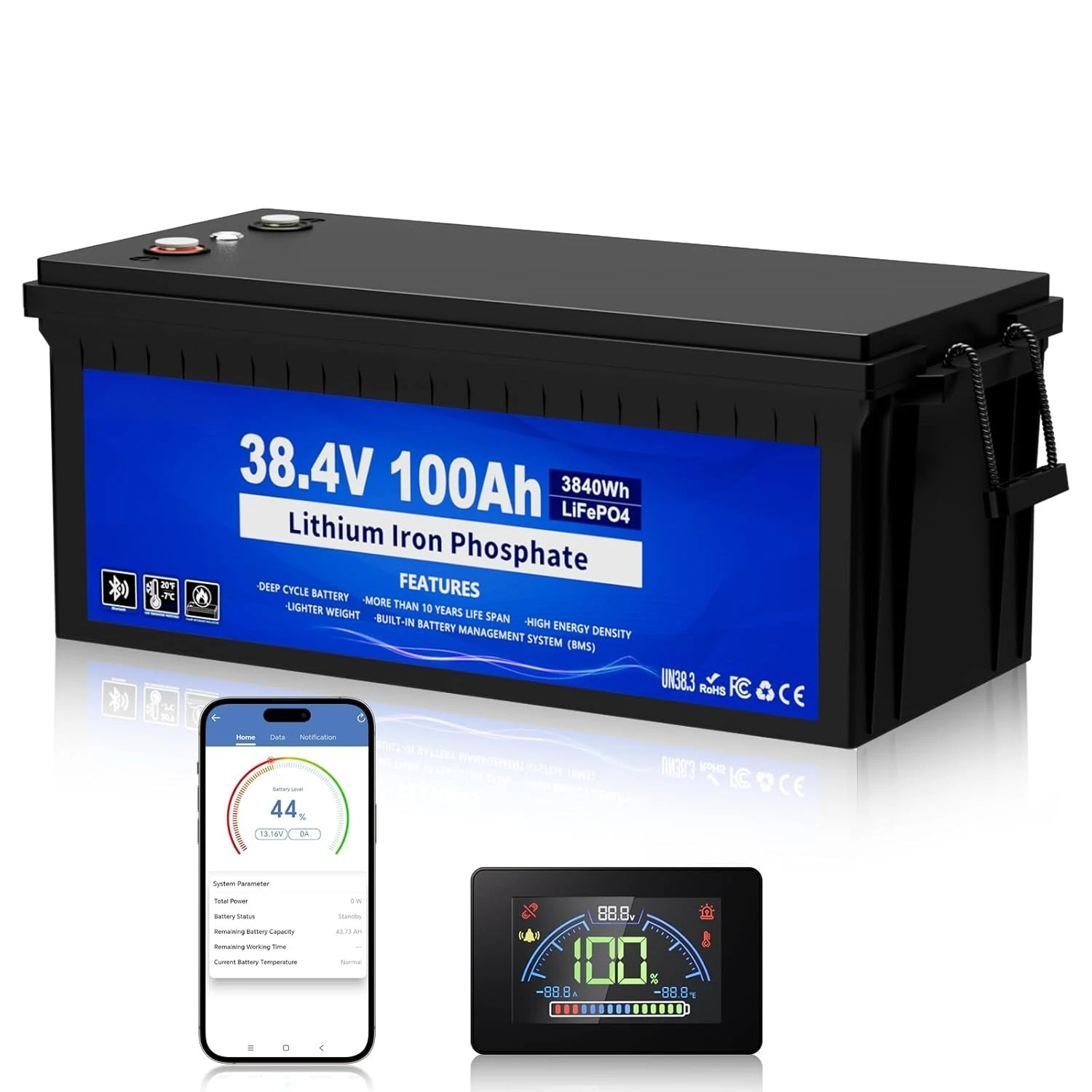 

Upgraded 36V 100Ah Lithium Golf Cart Battery with Switch, 200A BMS Lifepo4 Battery, Bluetooth & LCD Monitor, Peak, Custom
