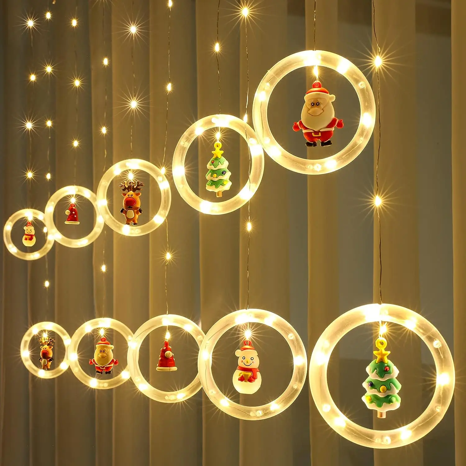 

Christmas Window Lights, 10 Round Lights 120 LED Lights Christmas Decorations Indoor, Battery Operated Christmas Curtain Lights