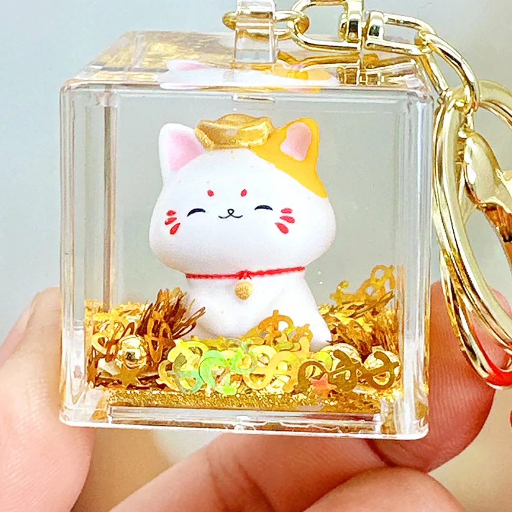 Creative Floating Oil Lucky Cat Keychain Rich Transparent Maneki Neko Pendant Charms Floating Bottle Dolls Key Chain Gifts