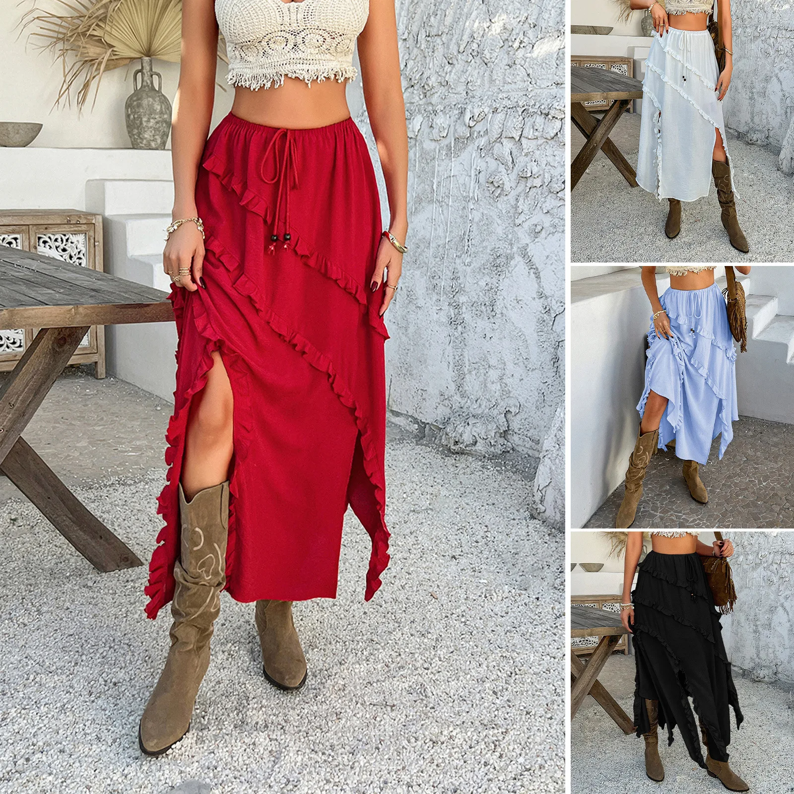 

SKMY 2025 Spring Summer Leisure Vacation Style Solid Color Ruffles Patchwork Strap Waist Mid-Calf Length Skirts For Women