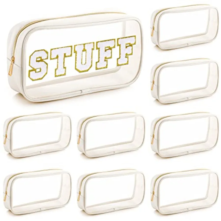 

9 Pcs Preppy Clear Makeup Bag DIY Chenille Letter Pouch Large Nylon Makeup Bag Travel Toiletry Zipper Cosmetic Organizer Pouch