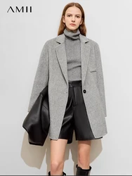 AMII Minimalist Old Money Woolen Coat for Women 2023 Winter Slit Blazer Collar Medium Long Double-sided Tweed Jacket 72324001