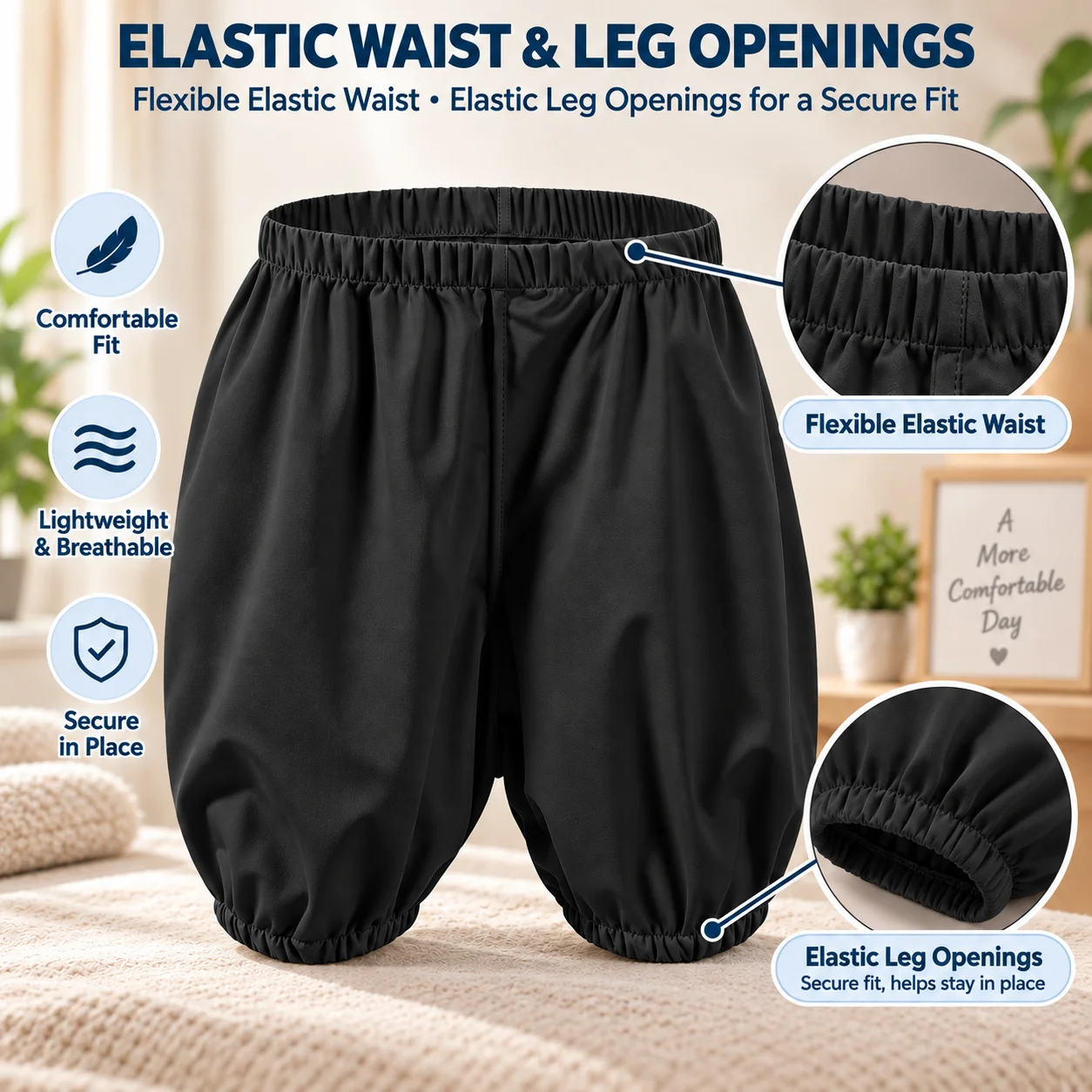 1 Piece Reusable Adult Solid Color Protective Under Shorts Soft Breathable Hand Wash & Machine Washable, Black Elastic Cuff