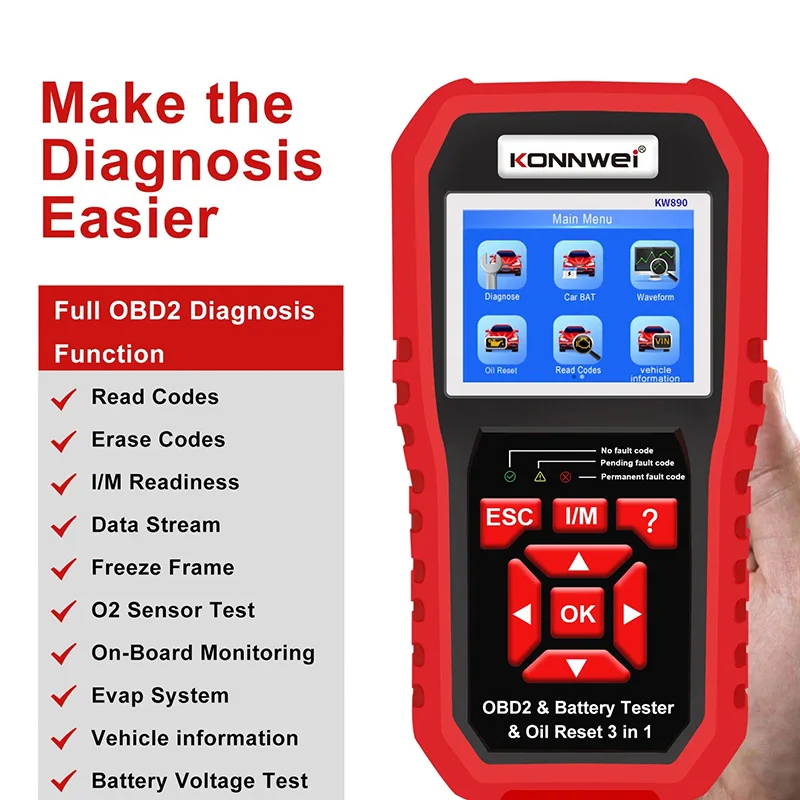 KONNWEI KW870 KW880 KW890 12V Car Battery Tester Analizer Auto Diagnostic Tool Battery Match 3 in 1 Car OBD2 Scanner Code Reader