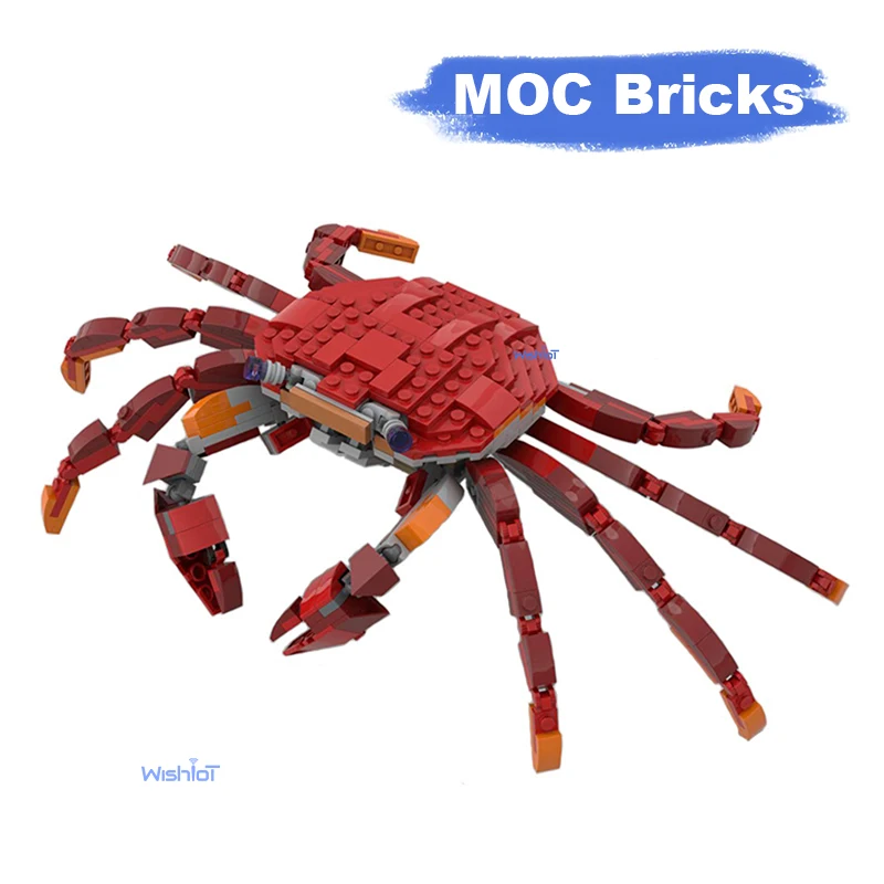 

MOC Creative Animal Red Rock Crab Building Blocks Model with Articulated Joints Movable Claws Ocean Creature DIY Toy Gift