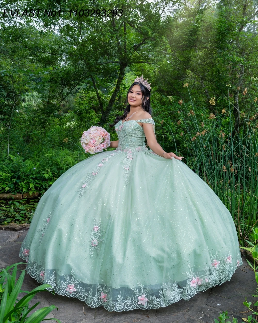 EVLAST Customized Shiny Mint Green Quinceanera Dress Ball Gown 3D Floral Applique Beading Sweet 16 Vestido De 15 Anos E1Q126