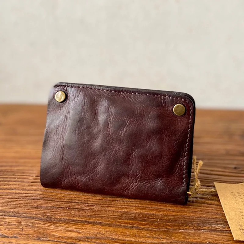 AETOO  New plant tanned leather women's fold short purse money clip retro head layer cowhhide simple boy's wallet zipper