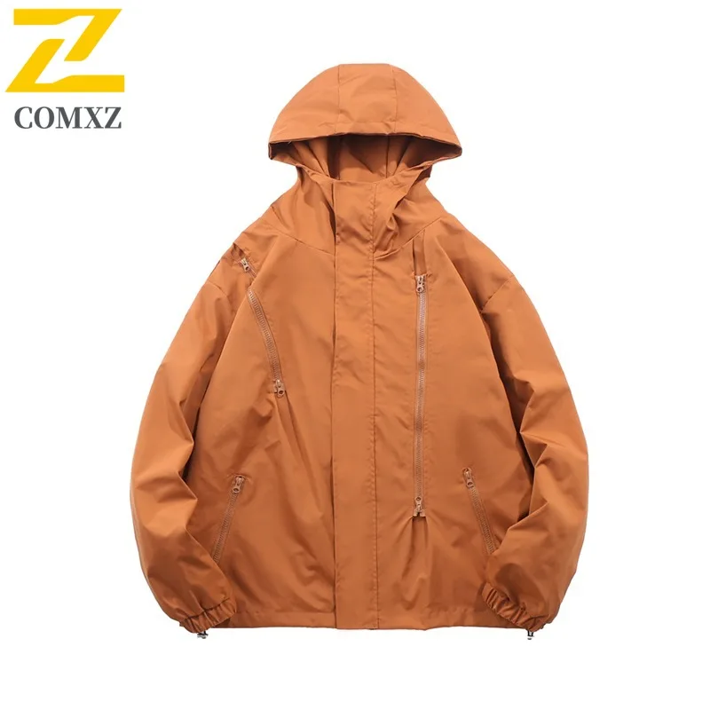 

COMXZ 2025 Мужская и женская легкая уличная ветровка с капюшоном Водонепроницаемая походная куртка на молнии Ветрозащитное пальто