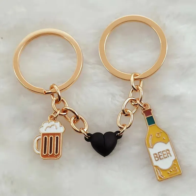 Enamel Keychain Beer Beer Mug Magnetic Button Keychain Ladies Men Bar Bag Accessories Car Keychain Couple Gift Jewelry