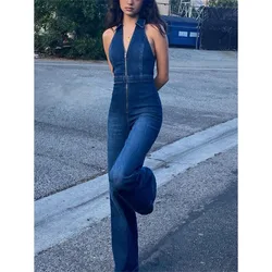 Vintage Denim Halter Jumpsuits Women Classic Street Style Sleeveless Lapel Neck Zip Up Skinny Flare Overall Female Daily Outfits