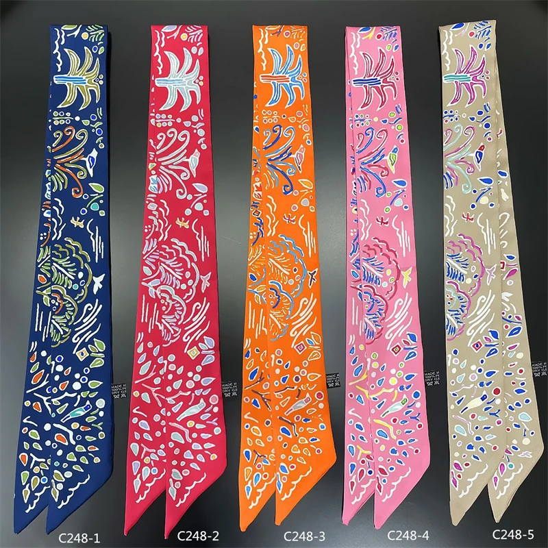 2022 Long Silk Scarf Women Luxury Hair Band Fashion Print Small Scarf Tie Bag Ribbon Accessories Women's Headscarf