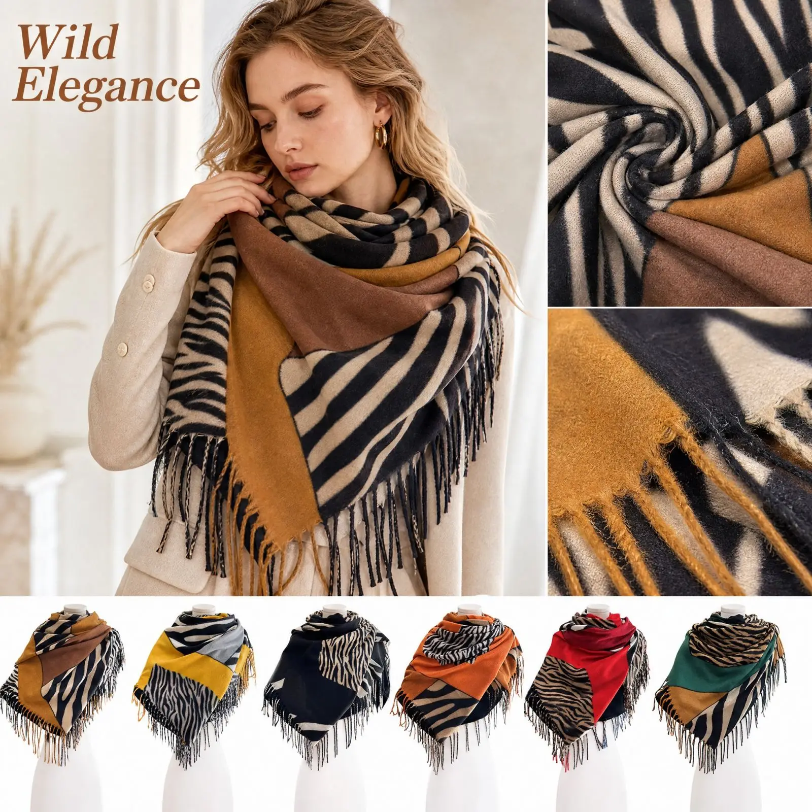 Wild Elegance Scarf Zebra Print Winter Warm Zebra Shawl Fashion Wrap Soft Tassel Checked Neck Accessory Wild Elegance 2026 Scarf