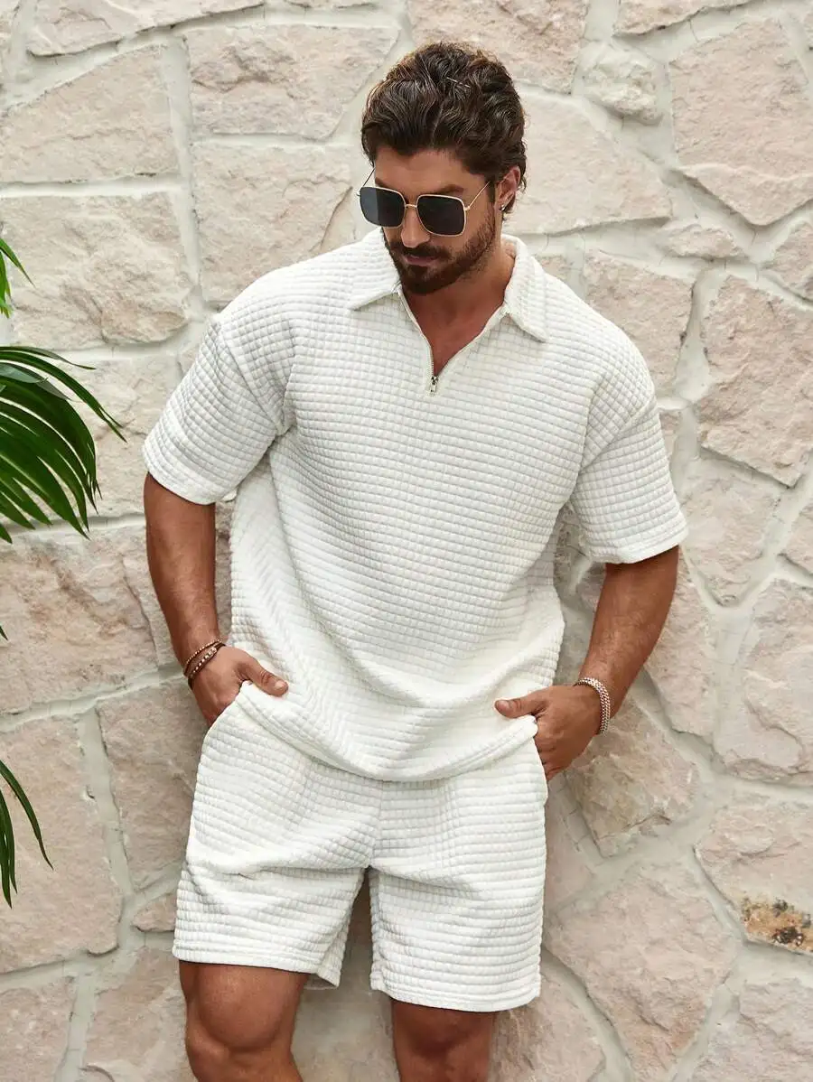 

Men's Textured Short Sleeve Zip-Neck Polo Shirt and Shorts 2-Piece Set