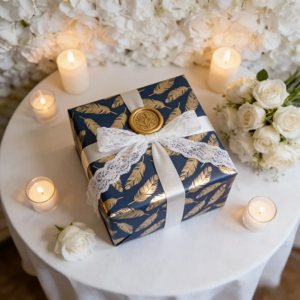 Großformatiges Geschenkpapier auf Rolle, schickes Geschenkpapier mit marineblauem und goldenem Federmuster, 17 Zoll * 118 Zoll pro Rolle – Detail 1