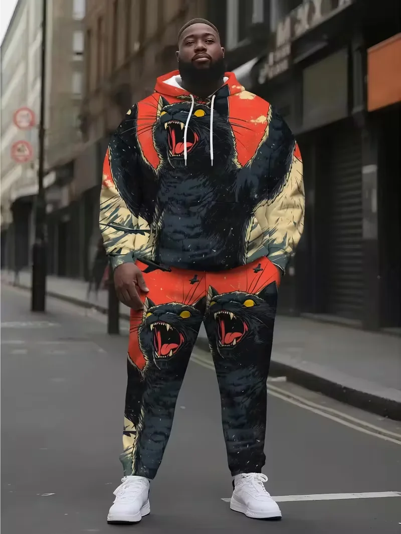 Conjunto de 2 Peças de Moletom com Estampa de Gatos Fashion, Calças e Hoodie, Impressão 3D, Conjunto de Duas Peças para Adultos, Presente de Natal par
