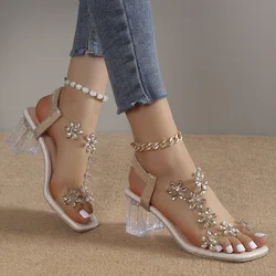 High Heel Sandal for Women Shoes Lady 2025 Suit Female Beige Med Large Size High-heeled New Black Block Summer Medium Rhinestone