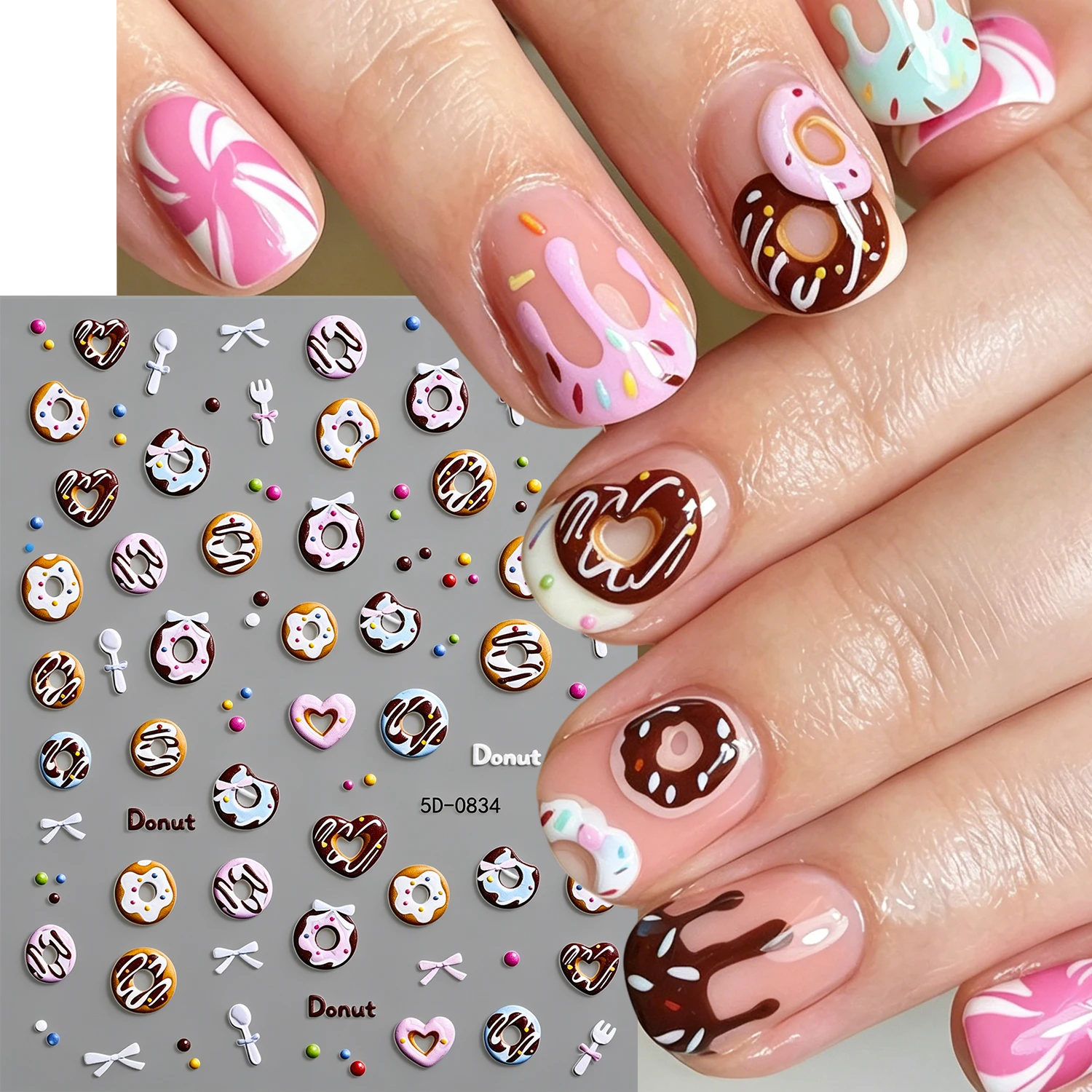 1pcs 5D Embossed Sweet Donut Nail Stickers Colorful Dessert Nail Art Decals Self-Adhesive Nail Decors for Salon & Home Manicure*