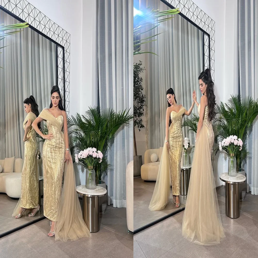 

Customizd Glamorous Sleeveless Beading Shiny Prom Gown Tulle Sheath Backless Ankle Length Evening Dress with Sweep Court