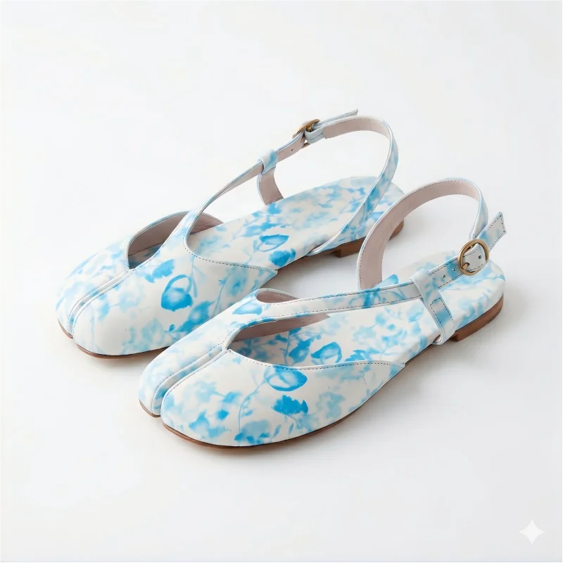 Sandales Tabi à Bout Fendu Imprimé Floral Femmes Rétro Français Chaussures Mary Jane Plates Vintage à Bride Boucle Bout Carré Ballerines Ajourées Élégantes Sandales d'Été Légères Chaussures de Plage