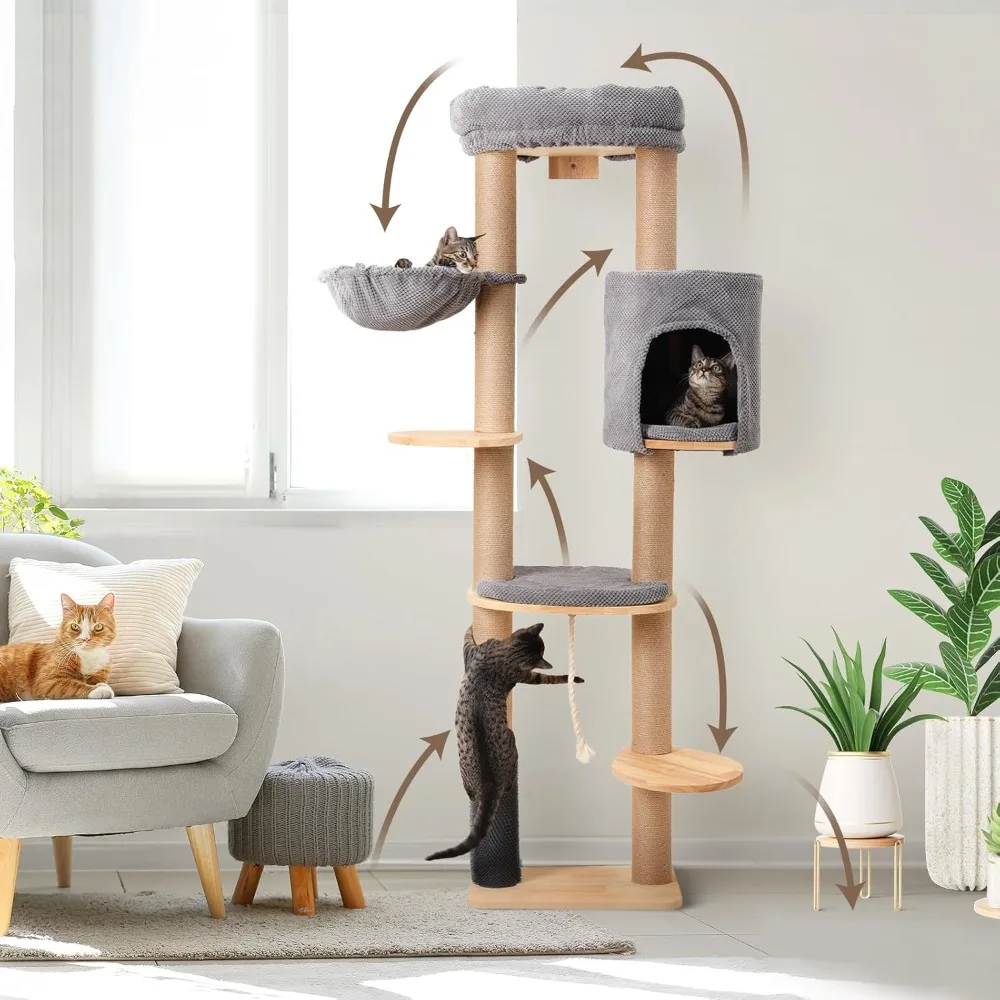 Cat Tree, 74 Inch Large Cat Tower Wall-Mounted, Solid Rubber Wood Cat Wall Shelves, Scratch-Resistant Fabric