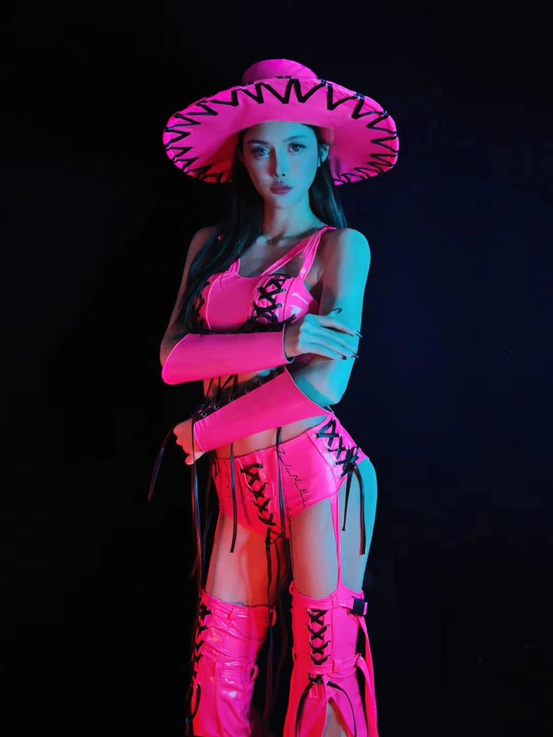 2025 boate bar gogo dança traje feminino fluorescência rosa jazz dança outfit adulto clubwear festa ds dj rave roupas yj311