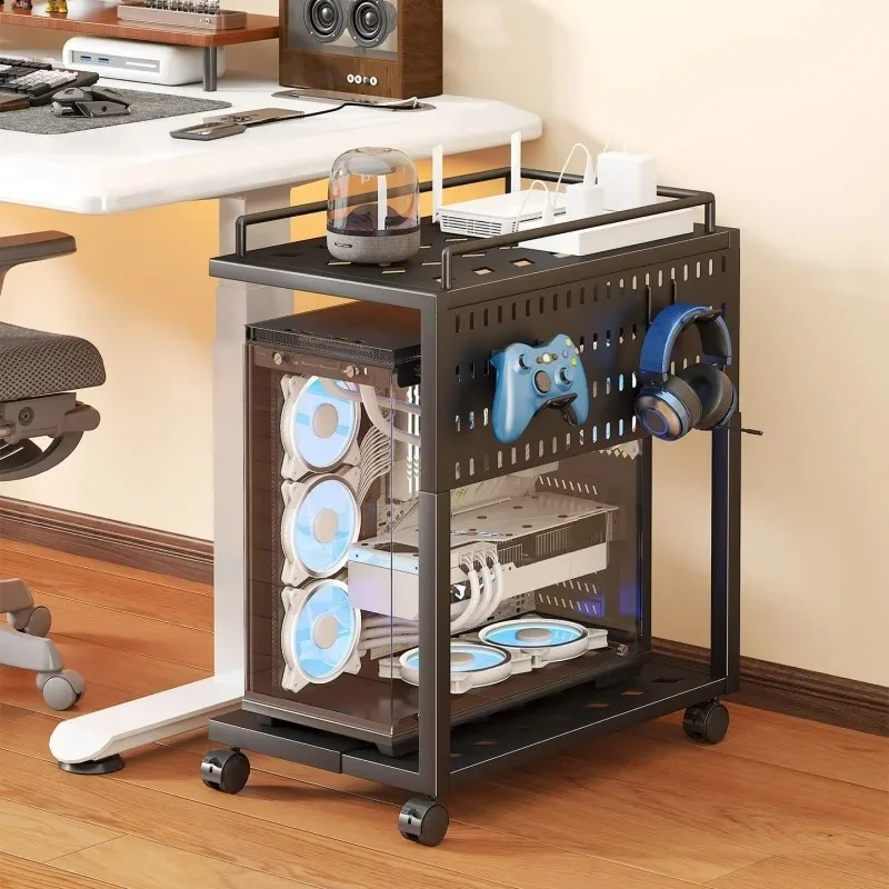 Double Layer Computer Tower Stand Under Desk Storage Rack Office Desk Side Telescopic Double Layer Shelf CPU Stand Printer Shelf
