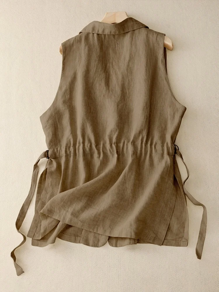 เสื้อกั๊กผ้าลินินผ้าฝ้ายลำลองสำหรับผู้หญิง เสื้อคลุมบางสำหรับฤดูร้อน แบบเปิดไหล่ผ่าข้าง เสื้อกั๊กผ้าลินินแบบยาว ดีไซน์กระดุม