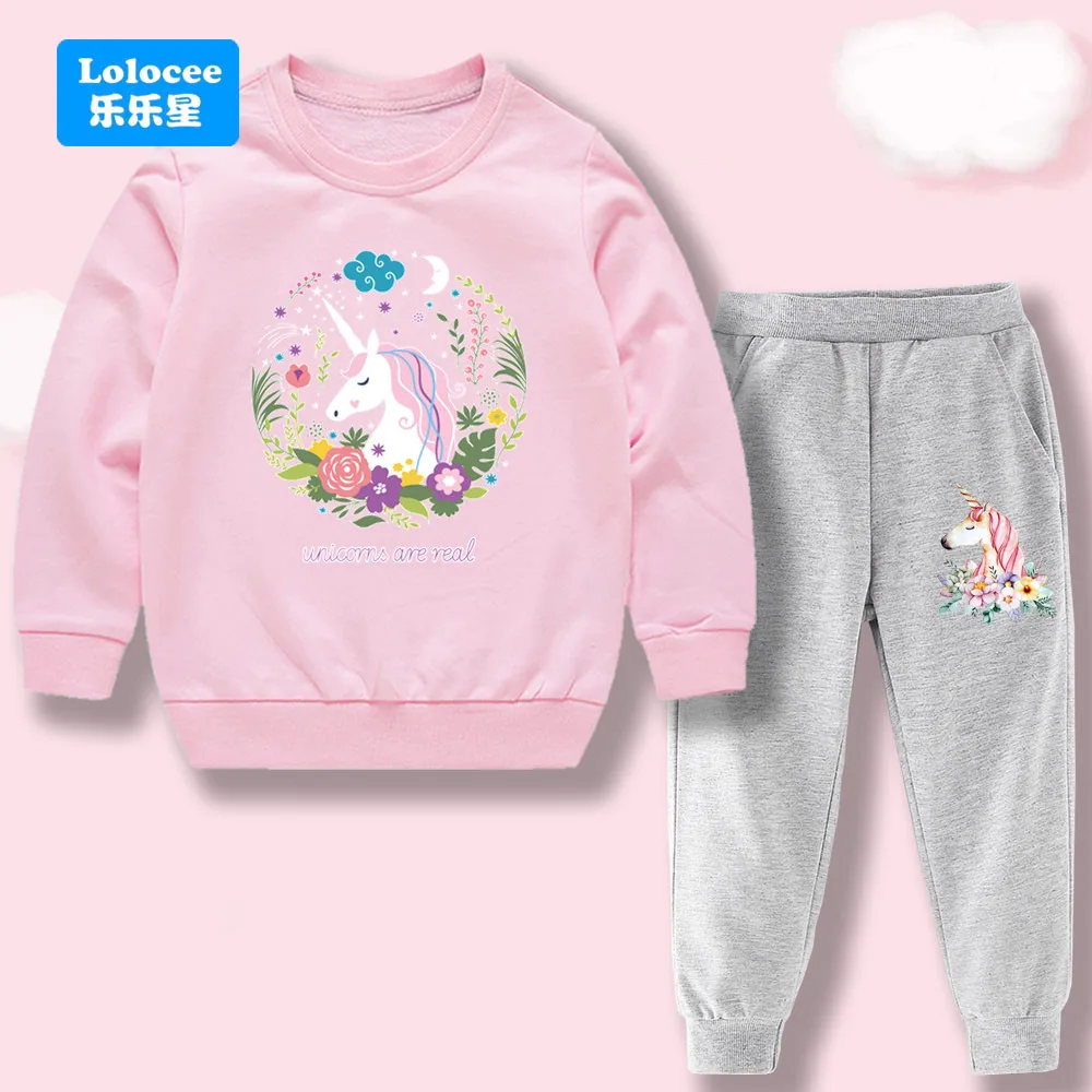 Girls' Floral Unicorn Outfit 2Pcs Set Sweatshirt +Pants Cartoon Print Long Sleeve Casual Clothes for Children Tracksuit  DJSHH1