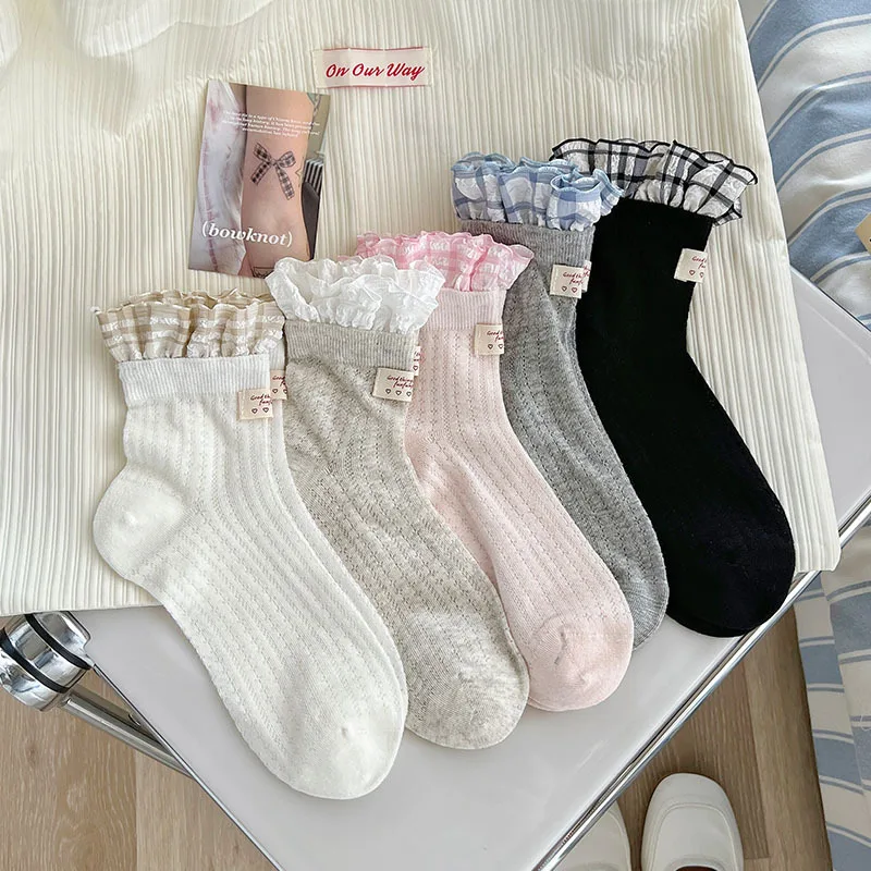 

1 пара корейских модных милых носков до середины икры для девочек, милые носки ярких цветов с рюшами для школьниц, мягкие модные хлопковые легкие носки