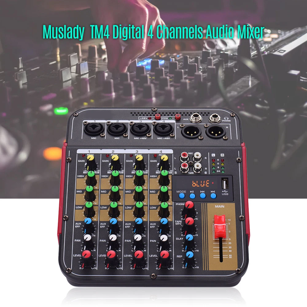 TM4 Digital 4-Channel Audio Mixer Mixing Console Built-in 48V Phantom Power with BT Function Professional Audio System